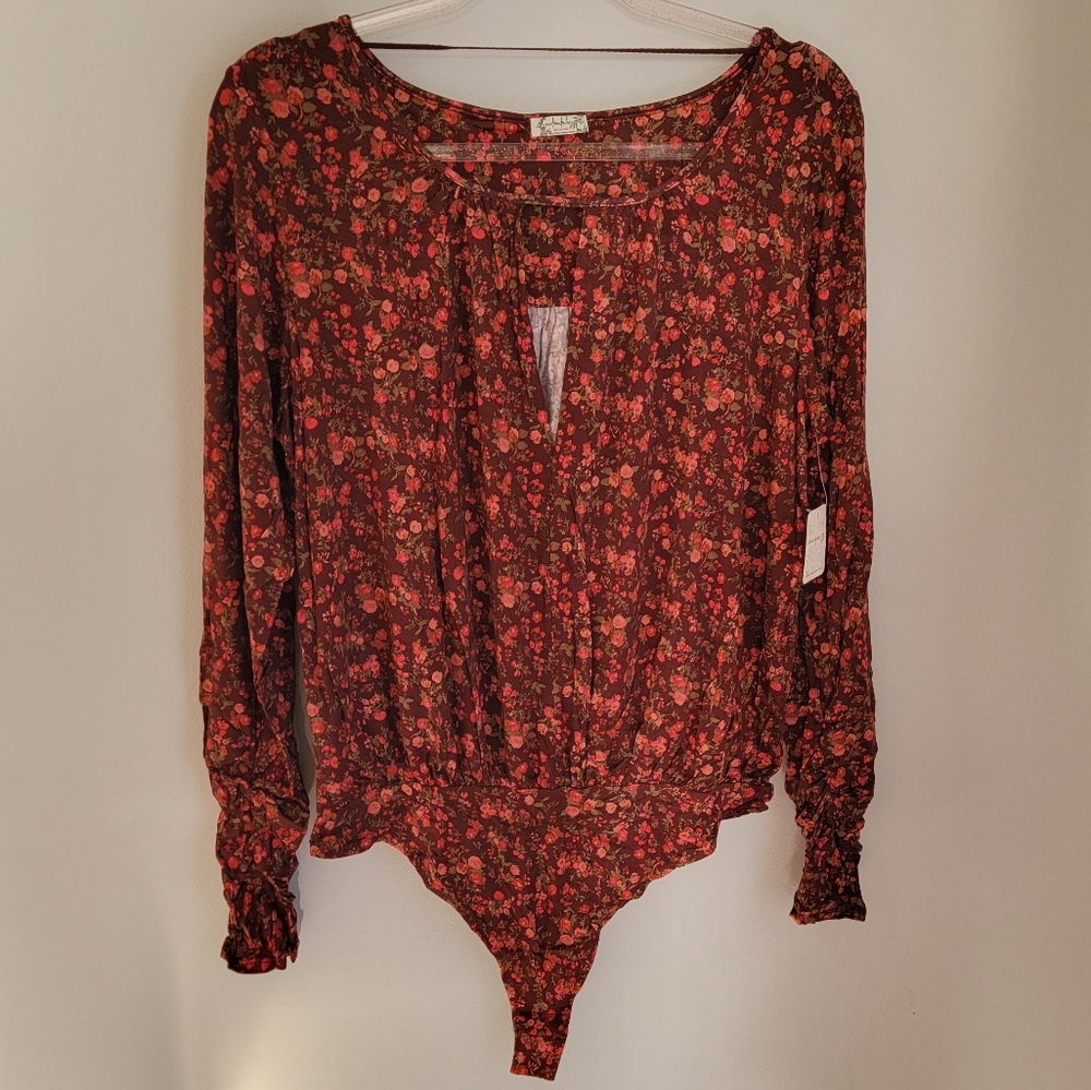 Free People NWT Kaya Print Cutout Bodysuit Chocolate Combo Size XL